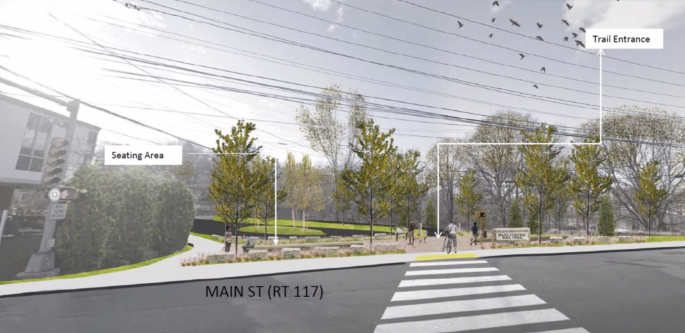 A rendering of the proposed trail entrance at Main Street and Stow Street, the northern end of which will be closed off to motorized traffic. Courtesy of Mass. DCR.