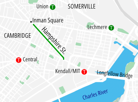 Map showing the location of Hampshire Street in Cambridge. Hampshire runs in a northwest-southeast direction between Inman Sq., in the upper left (northwest) corner of the map, to Kendall Square, in the center of the map. The Charles River and Back Bay neighborhood of Boston are in the lower-right (southeast) corner of the map.