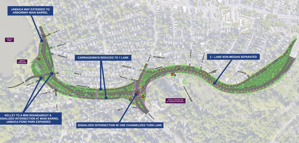 An illustrative map of the Arborway in Jamaica Plain, highlighted in green, overlaid on a satellite image of the surrounding residential neighborhoods. The parkway curves in a gentle "s" shape from upper left to right, with a large intersection with Centre Street near the middle.
