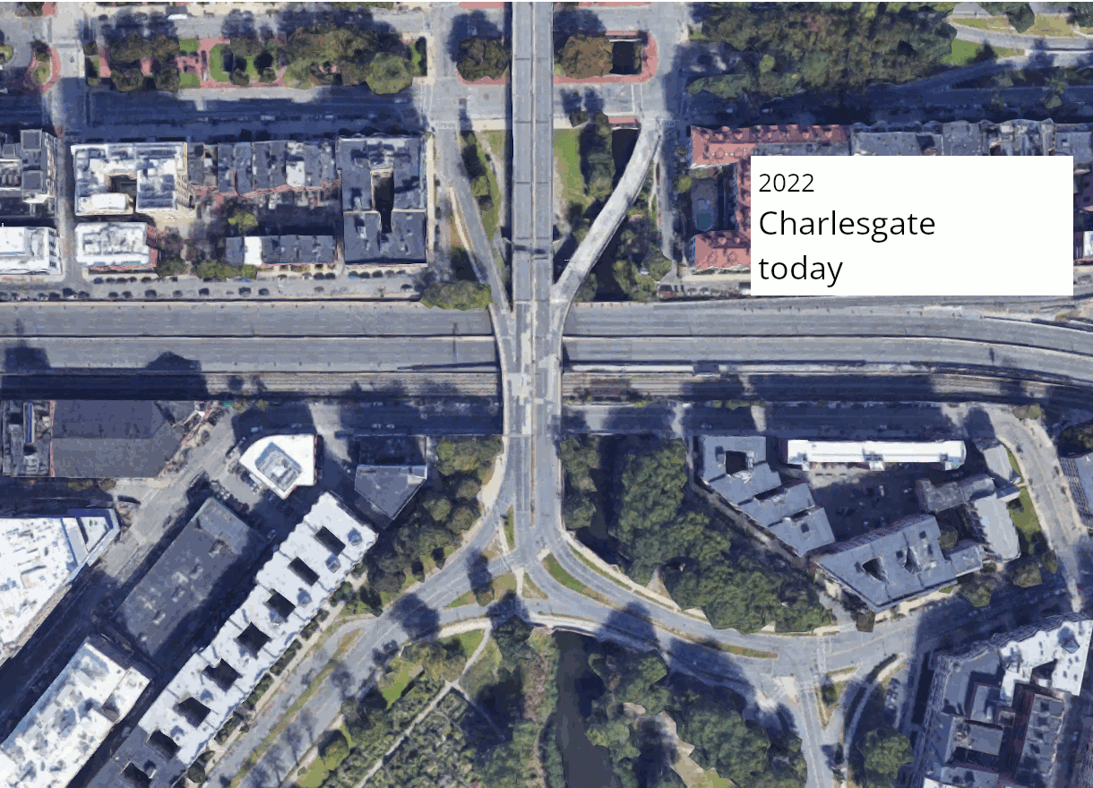 An animated GIF illustrates how Frederick Law Olmsted's 1887 plan for the Back Bay Fens (shown in a black-and-white landscape plan) has changed over the years with the construction of new highways. The Olmsted plan shows the Muddy River, which flows through the Fens, lined with trees and bridged by tree-lined streets like Commonwealth Avenue. A modern-day aerial view of the same area shows how the Bowker Overpass has obliterated Olmsted's park with highway ramps and a long overpass. A final frame in the animation shows MassDOT's plans to replace a segment of the Bowker Overpass over the Massachusetts Turnpike, which would add new bike paths to connect the parks, but would generally leave the Bowker Overpass in place.