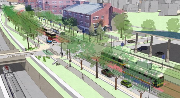A rendering of a proposed Columbus Avenue busway, looking down at the street from above, with the Northeast Corridor railroad tracks at left, the Southwest Corridor bike and walking paths, and center-running bus lanes on Columbus Avenue, with bus shelters located between the bus lanes and the general-purpose motor vehicle lanes.