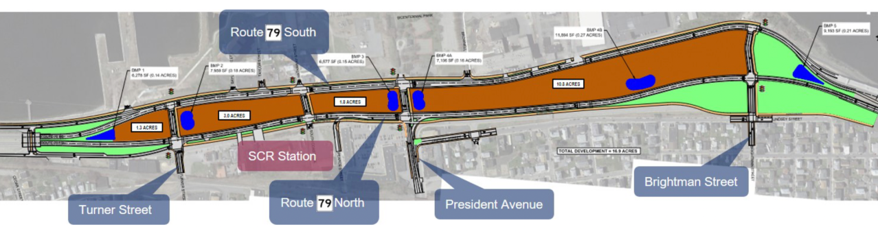 A plan view of MassDOT's Route 79 project in Fall River. The aerial view shows two two-lane streets running roughly parallel along the riverfront, with riverfront piers to the west (top of the image) and residential neighborhoods to the east (bottom). Through the center of the image - the path of the current expressway - four elongated quadrangles indicate land that will be available for new development. New cross-street connections will also be located at Turner St., Hathaway St. (near the new South Coast Rail station), President Ave., and Brightman St. Near Brightman St. is a large green area denoting new parkland where the roadway transitions to the Veterans Bridge interchange. 