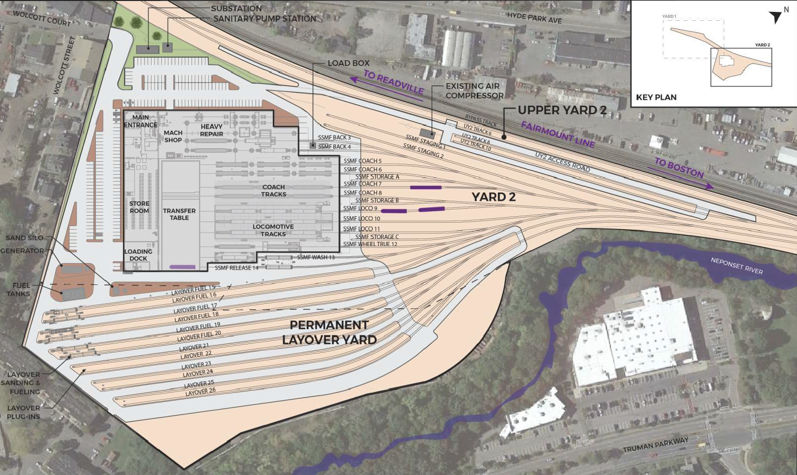 A site plan overhead view of a T's proposed South Side Maintenance Facility in Readville. The Fairmount Line tracks run horizontally across the top of the image, and the Neponset River meanders through the lower-right corner of the image. A large, roughly rectangular building outline in the center left portion of the image indicates the location of the proposed maintenance building, which includes internal space for locomotive tracks, a machine shop, a store room, and a loading dock. Below (east) of the new building are about 13 parallel lines indicating the location of a new layover yard where trains would be stored in the open air. Additional converging lines to the right (north) of the layover yard and maintenance building indicate how tracks would merge with the Fairmount Line tracks.