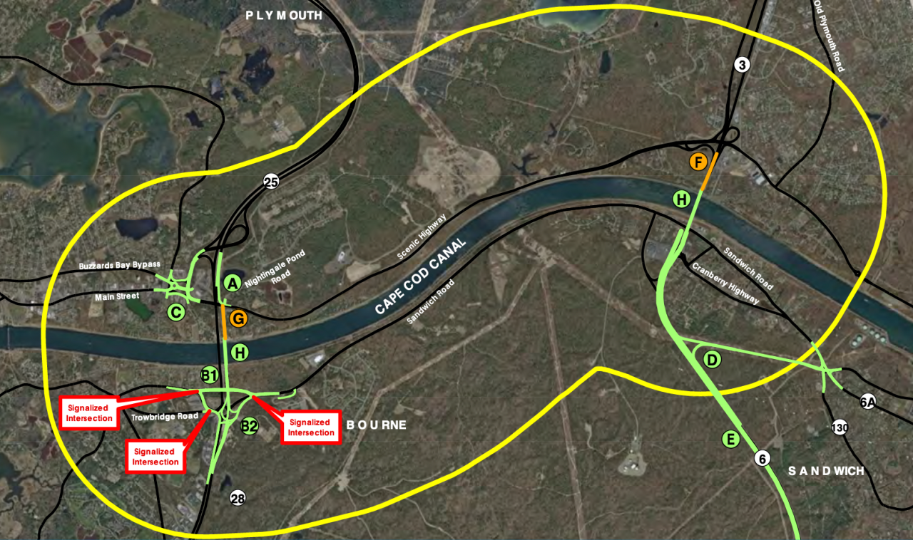 A map of the Cape Cod Canal area in Bourne highlighting MassDOT's proposed road widening projects associated with the replacement of the Bourne and Sagamore Bridges. Lines highlighted in green that radiate out from the two bridges in both direction indicate where MassDOT plans to widen roads, build a new road (from route 6 eastward to Route 6A) and reconfigure highway interchanges. 
