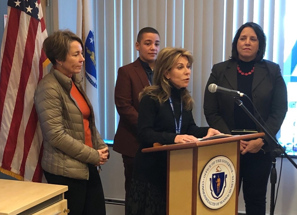 Gov. Maura Healey (left), with MassDOT Undersecretary Monica Tibbits-Nutt, MassDOT Secretary Gina Fiandaca (at podium), and Lt. Gov. Kim Driscoll (right) at an MBTA press conference in the T's Operations Control Center in downtown Boston on Thursday, Feb. 2, 2023.