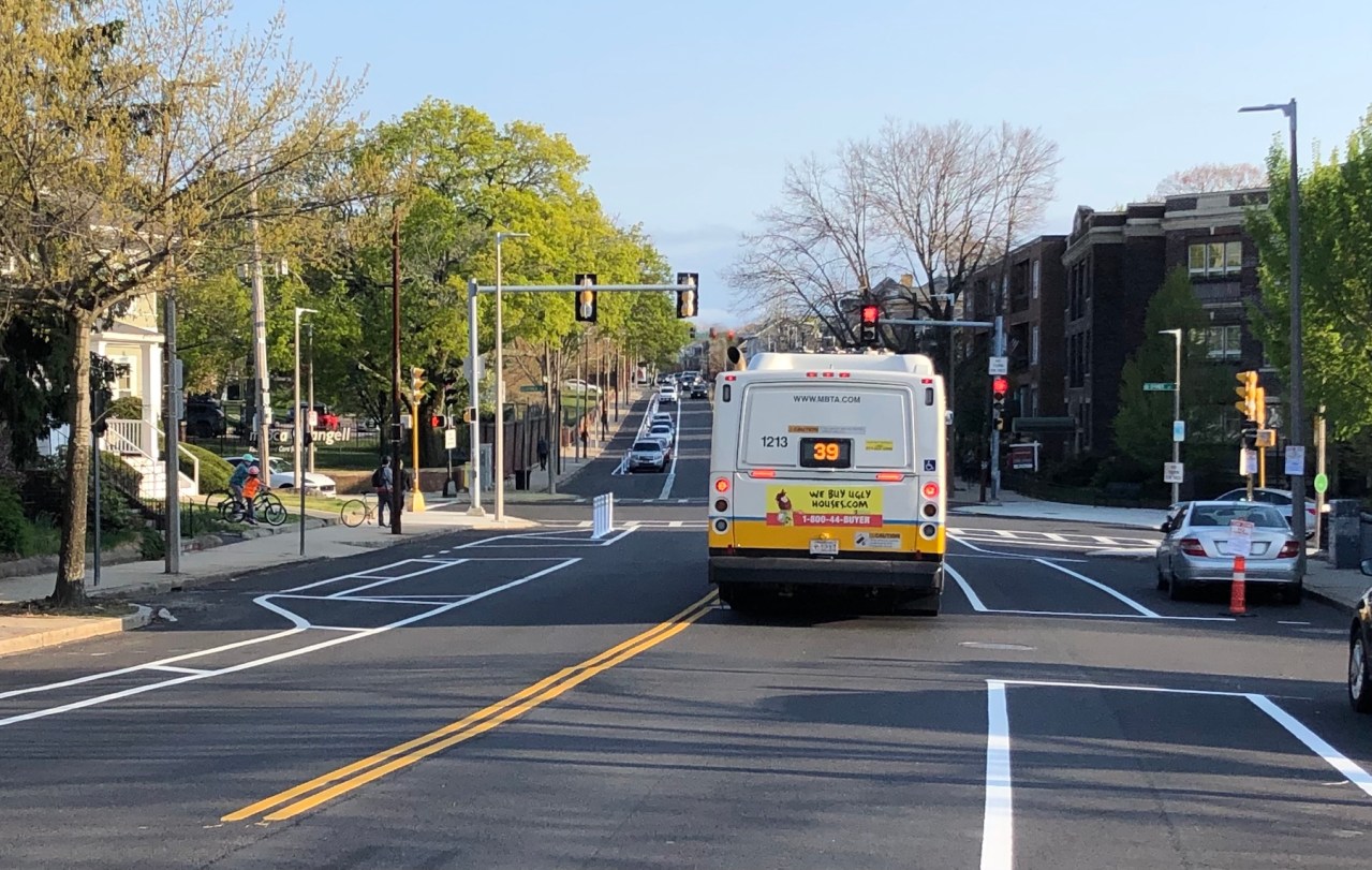 On new parking-protected bike lane on South Huntington Avenue, looking north towards Heath Street.
