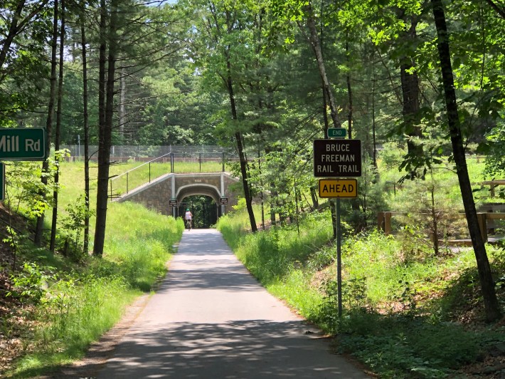 A trail though leafy woods leads to a tunnel under a roadway in the middle distance. Three signs stacked vertically on a signpost next to the trail in the foreground read "End / Bruce Freeman Rail Trail / Ahead"