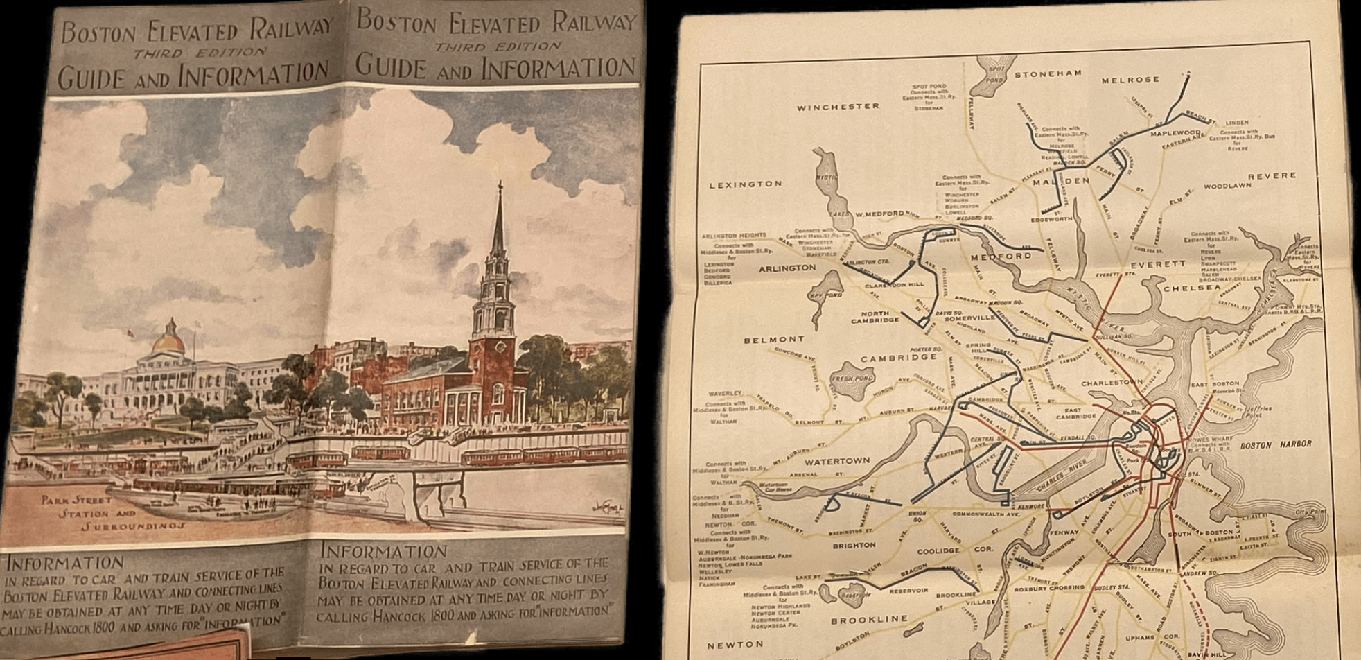 A detail of a 1920s streetcar pocket guide to the greater Boston area. The cover features a cutaway view of the Park Street subway next to the Park Street Church, under the title "Boston Elevated Railway - Third Edition - Guide and Information". The inside of the guide,pictured at right, shows streetcar lines radiating out from downtown Boston, including some lines that are recognizable as predecessors to today's Orange, Blue, Green, and Red lines. 