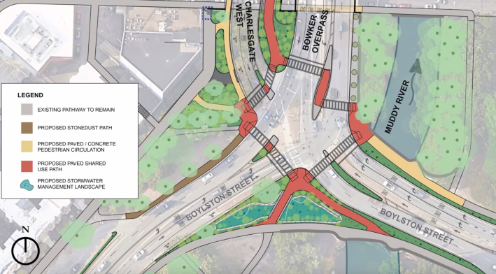 A diagram of proposed new roadways, crosswalks, and trails at the intersection of Boylston Street, which runs diagonally from the lower left into the center of the image, then down again to the lower right corner, and two new overpasses over the Massachusetts Turnpike, which diverge in a "v" shape from the Boylston Street intersection in the center of the image. The Muddy River is represented as a thick blue line running under Boylston Street on the right side.