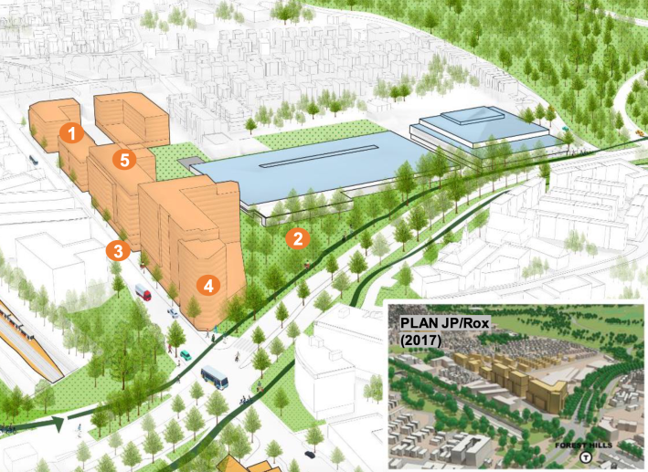 A sketch of proposed new housing alongside a new Arborway bus garage in Jamaica Plain, seen from an aerial perspective from over the Arnold Arboretum, looking toward Franklin Park. On the left edge of the sketch are a row of salmon-colored mid-rise buildings, indicating potential new housing along Washington Street. In the center is a large, single-story warehouse-style building in blue, which indicates the rough shape of a proposed new MBTA bus garage. The Arborway highway and greenway are in the foreground, running from the lower-left corner to the upper-right edge.