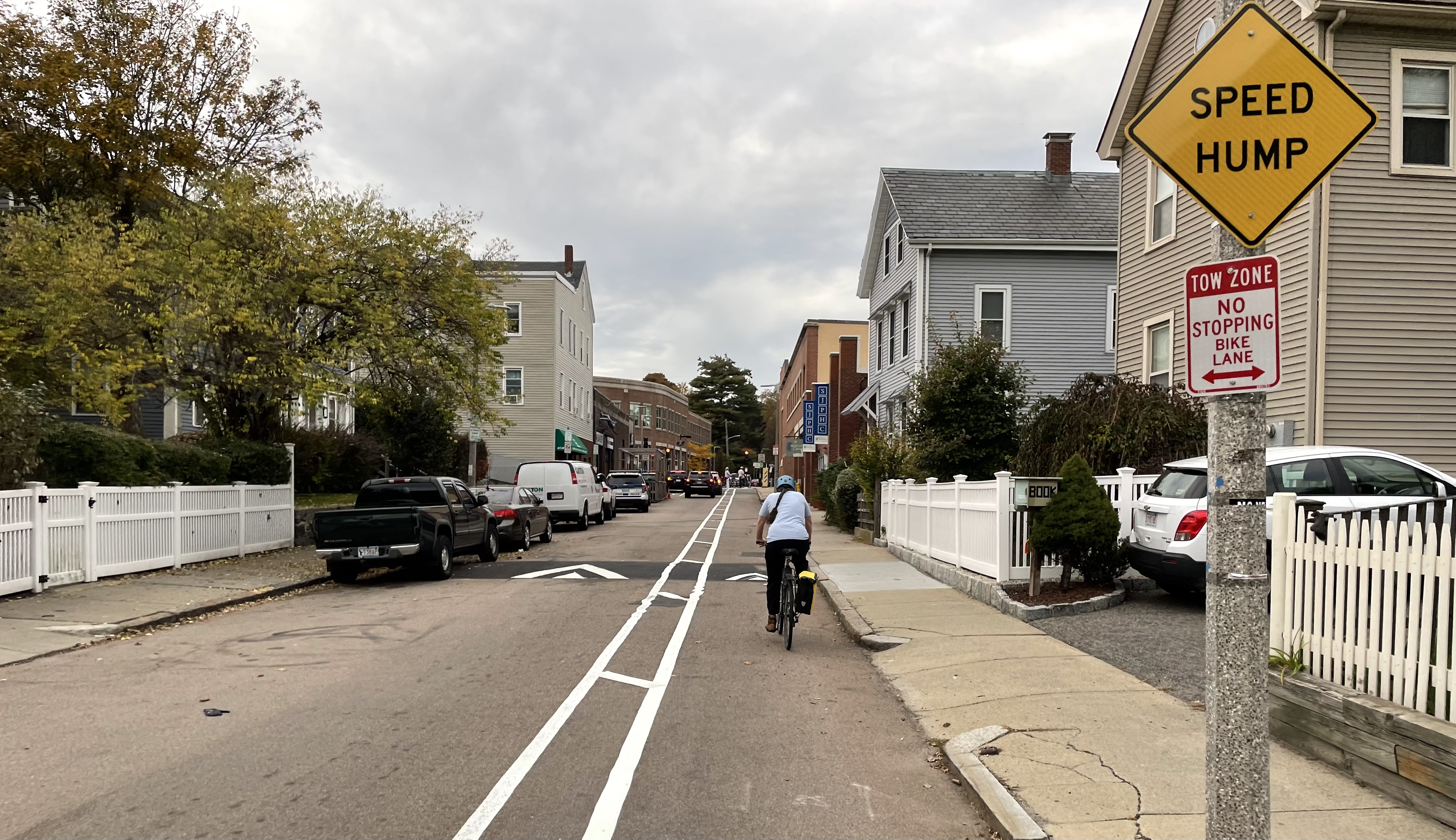 A person rides their bike in a bike lane marked by two parallel white lines. On the right is a yellow diamond street sign that reads "SPEED HUMP" above a no parking sign. The person on the bike is approaching the speed hump. A row of cars is parked on the left side of the street. The Centre Street traffic signal is visible in the distance.