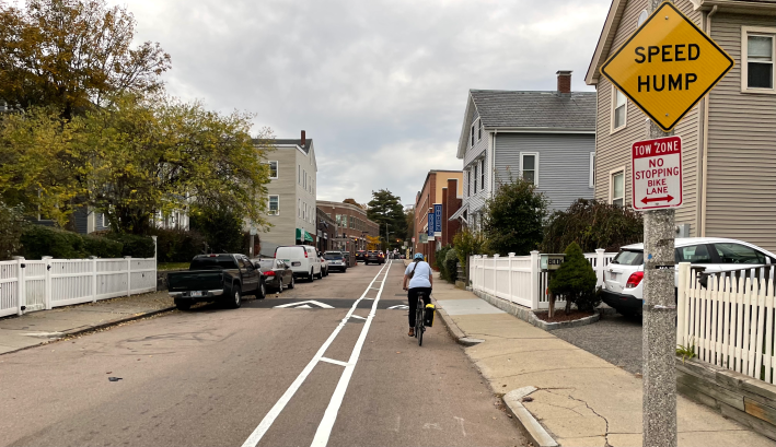 A person rides their bike in a bike lane marked by two parallel white lines. On the right is a yellow diamond street sign that reads "SPEED HUMP" above a no parking sign. The person on the bike is approaching the speed hump. A row of cars is parked on the left side of the street. The Centre Street traffic signal is visible in the distance.