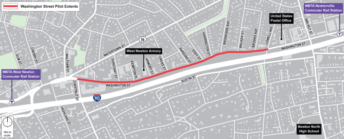 A locator map of the Washington Street Pilot project. A red horizontal line in the middle of the map indicates the project location, on Washington Street between Chestnut St. in West Newton and Lowell Ave. in Newtonville. In the upper right a purple box notes the location of "MBTA Newtonville Commuter Rail Station," a few blocks east of Lowell Ave. On the left edge of the map another purple box indicates the location of "MBTA West Newton Commuter Rail Station." In the lower right a black box indicates the location of "Newton North High School" between Walnut Street and Lowell Ave. A wider white line parallel to and just underneath the red line labelled Washington Street represents Interstate 90.