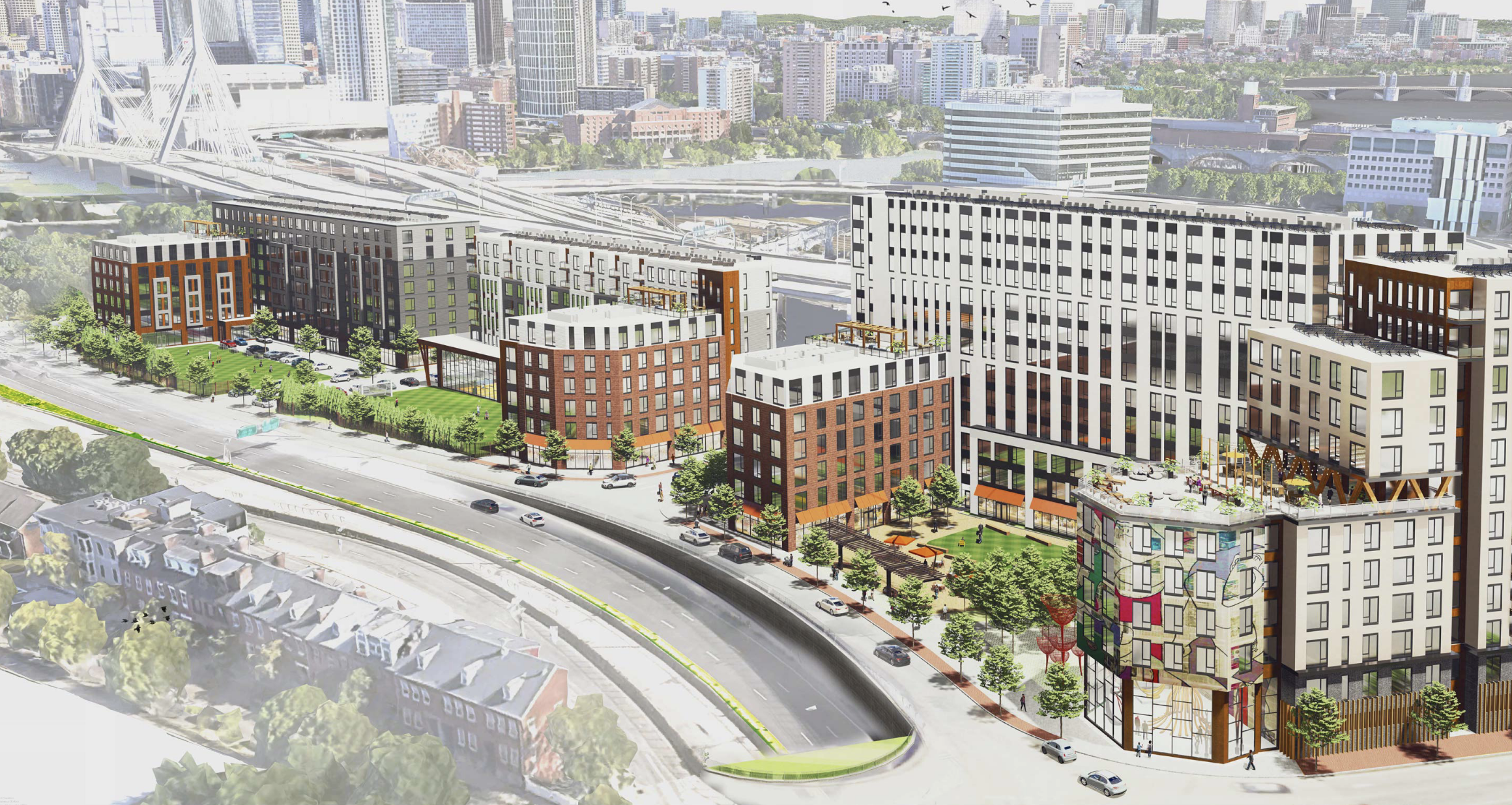 A rendering of proposed new apartment buildings along Rutherford Ave. The Zakim Bunker Hill Bridge is visible in upper left, and the new buildings range in height from 6 stories along Rutherford to 12 stories near I-93.
