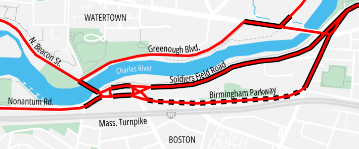Map of the upper Charles River near the boundary of Watertown (at the upper left) and Brighton in Boston (bottom). Three parallel roads owned by the Dept. of Conservation and Recreation are highlighted in red.