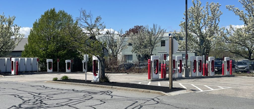 An empty parking lot under a clear blue sky with about a dozen red-and-white Tesla charging stations. Beyond the parking lot are several trees blossiming with spring blooms.