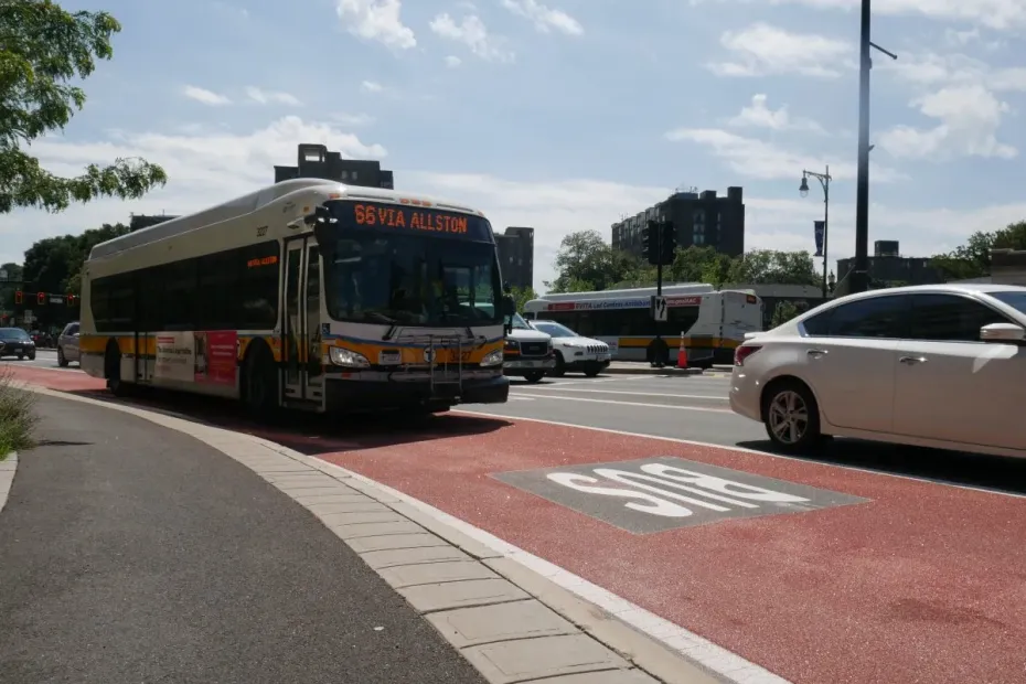MBTA Paints the Street Red for Buses Near Brookline Village