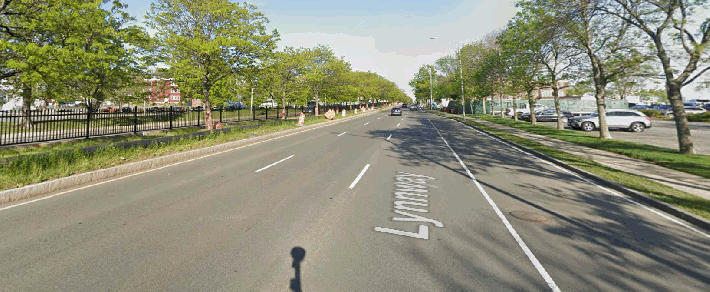 An animated GIF shows a google street view of a six-lane highway with a fence and trees along its median in one frame, and a rendering of a new bike trail alongside a new median filled with gardens that will replace the highway's rightmost lanes in the next frame. 