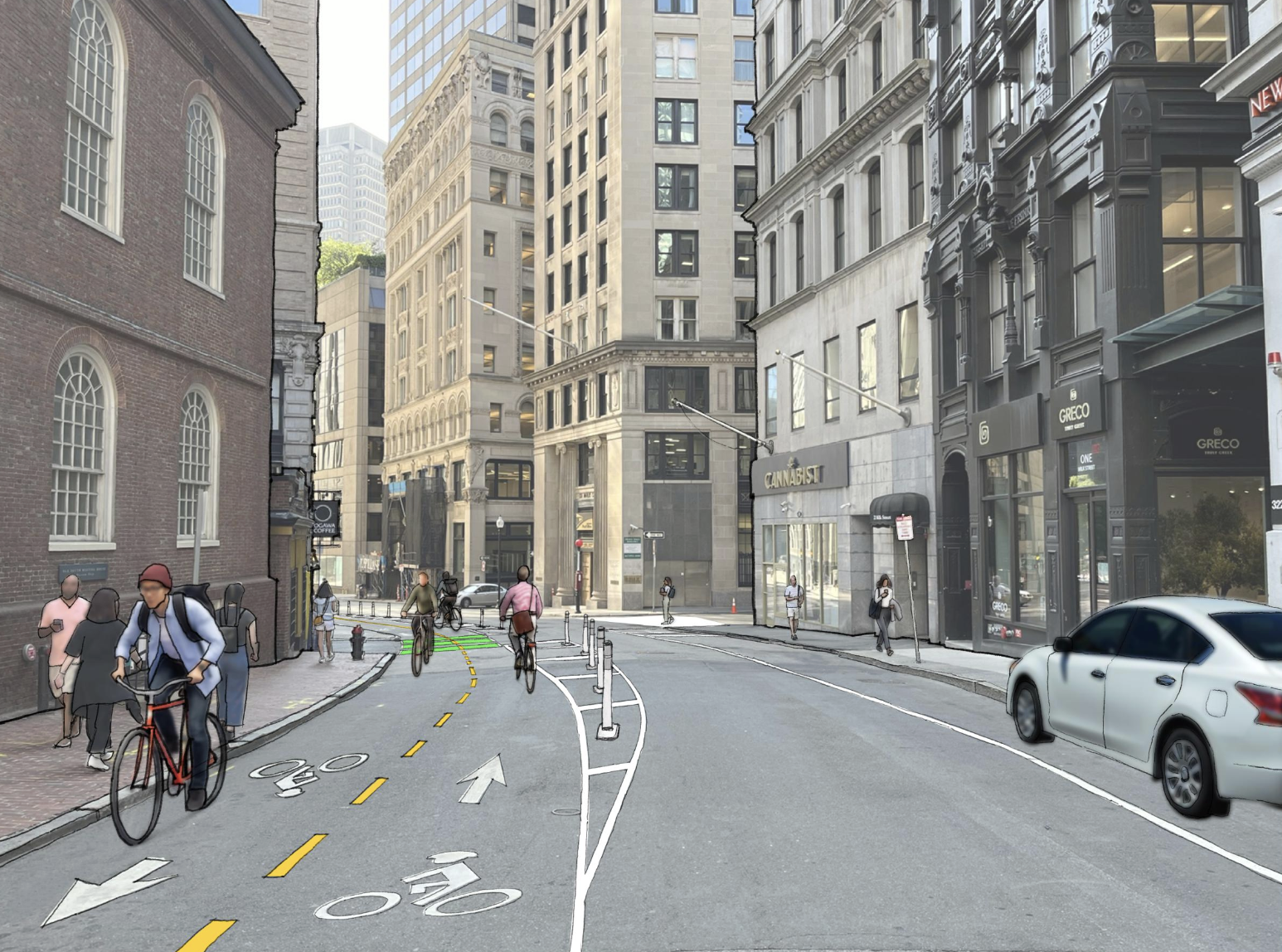 A rendering of a two-way bikeway on the left, superimposed over a photo of a city street surrounded by taller buildings.