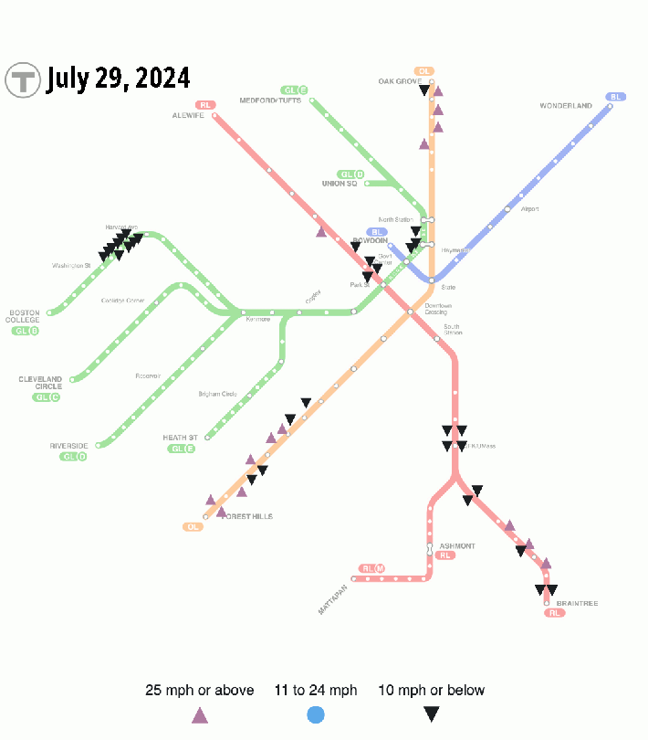 Animated GIF illustrating changes in the MBTA's slow zones map between July 12 and July 29, 2024. The animation shows how a cluster of slow zones has been fixed between Kendall and Porter Squares in Cambridge. 