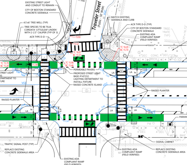 Construction plans for a new city street intersection, showing a street with two bike lanes along the curb (in green) separated from the center vehicle lanes by landscaped islands at the four corners of the intersection. 