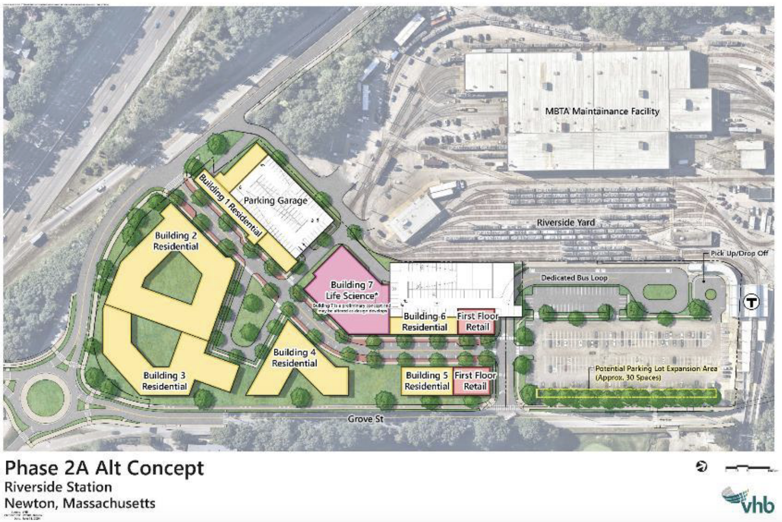 A birds-eye-view site plan for the proposed Phase 2 Riverside redevelopment. The image shows several residential buildings on the western edge of the site, plus two parking garages abutting the MBTA Green Line maintenance facility. An existing MBTA surface parking lot occupies the eastern edge of the side next to the Riverside MBTA station. 