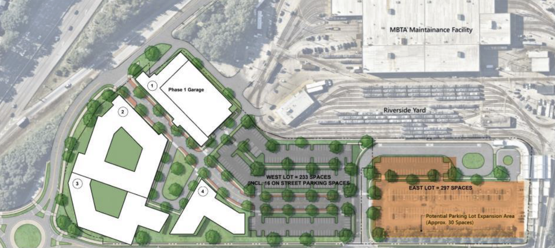 A birds-eye-view site plan for the proposed Phase 2 Riverside redevelopment. The image shows several residential buildings on the western edge of the site, plus a parking garage abutting the MBTA Green Line maintenance facility. An existing MBTA surface parking lot occupies the center and eastern end of the site closer to the Riverside MBTA station.