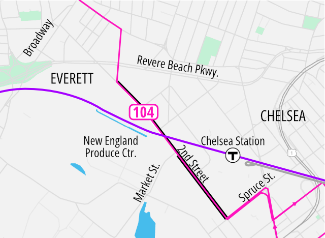 A map of the industrial neighborhood between Chelsea and Everett. Route 1 curves along the right edge of the map and Broadway in Everett cuts across the upper left (northeast) corner. A pink line denoting the new MBTA bus 104 route cuts diagonally from upper left to lower right, passing near the Chelsea commuter rail stop. The central segment of the route runs on Second Street, cutting diagonally across the commuter rail line, and is highlighted in black to denote planned bus lanes.