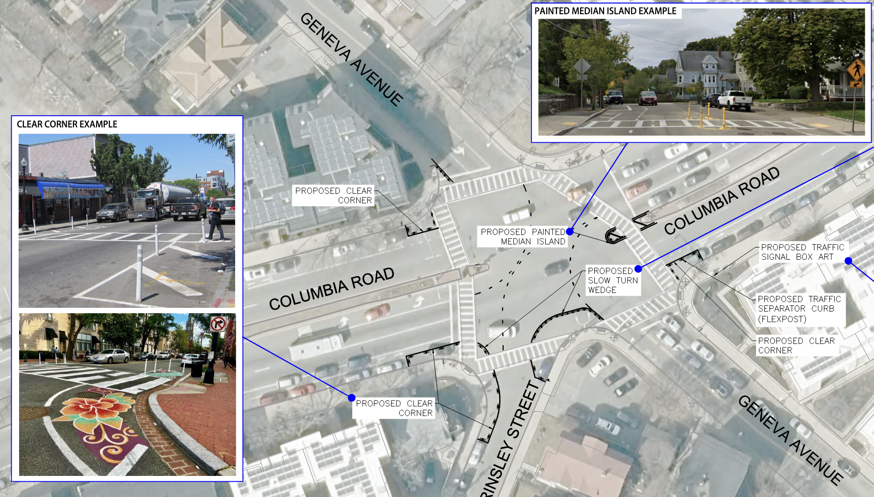 An overhead view of a broad intersection where five streets converge in a star pattern. The largest street in the center, running left to right, is labelled "Columbia Road." A smaller 3-lane street labelled Geneva Ave. runs diagonally from upper left to lower right. An even smaller street labeled Binsley Street enters from the bottom corner and ends at the intersection. Dotted lines drawn on the overhead image indicate new temporary delineators that will make the corners tighter and somewhat separate the Binsley Street intersection from the southern Geneva Ave. intersection. 