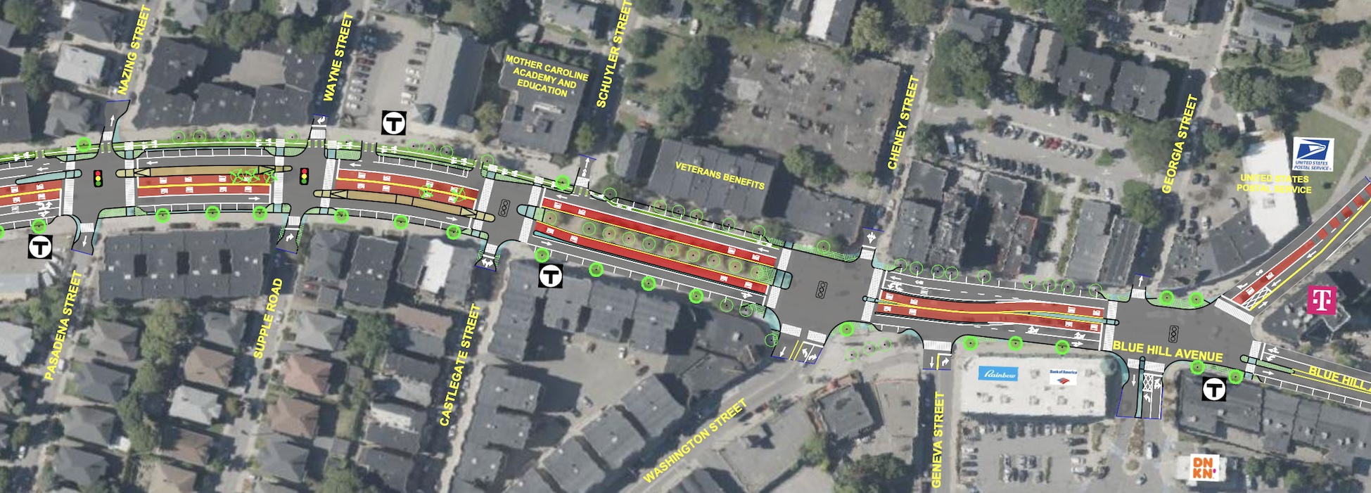 A satellite view of Blue Hill Avenue in Grove Hall, with the Post Office and Warren Street at the far right edge, and Pasadena Street at the far left, with Blue Hill Avenue running horizontally across the middle. An overlay over the satellite image shows the MBTA and City of Boston plan to redesign Blue Hill Ave with two center-running bus lanes with two boarding platforms on either side of the Wayne Street intersection near the left side of the image. A green bike path runs along the sidewalk on the northern curb, and green hatched areas indicate places where the project would replace asphalt with new landscaping and trees.