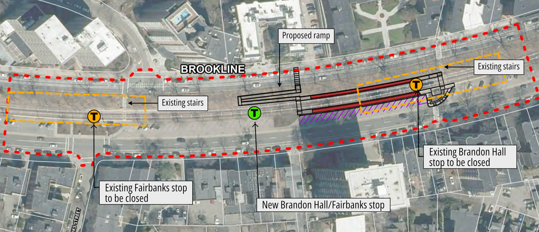 An aerial satellite view of Beacon Street in Brookline overlaid with a drawing illustrating the T's plans to decommission the Fairbanks C branch stop (at left) and replace it with a new stop just west of the Brandon Hall stop (center right) that will include a new switchback ramp up the hill to the north side of Beacon Street.