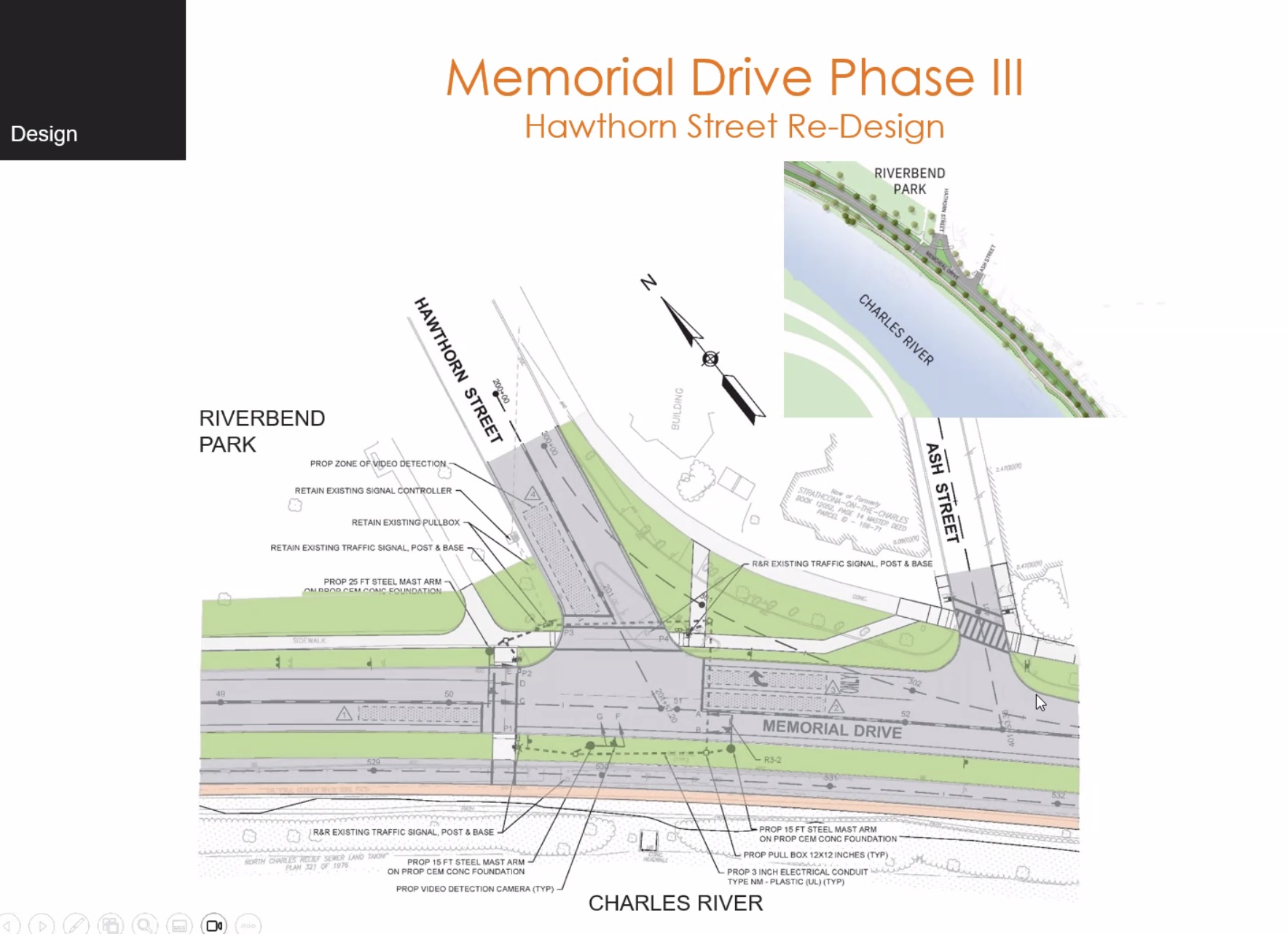A plan drawing of the Memorial Drive intersection with Hawthorn Street, which would be redesigned as a "t"-shaped intersection to replace the curved high-speed off-ramp that exists today. 