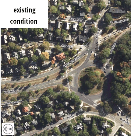 An animated GIF showing an aerial overhead view of three versions of the same intersection in sequence. The first frame labelled "existing conditions" shows a large rotary in the middle of a leafy residential neighborhood. The second frame labelled "2022" plan shows a large multi-lane, four-way intersection in place of the circle. The third frame labelled "2025 plan" shows a larger intersection with several more lanes leading into it, moved slightly towards the upper-right corner of the image. 