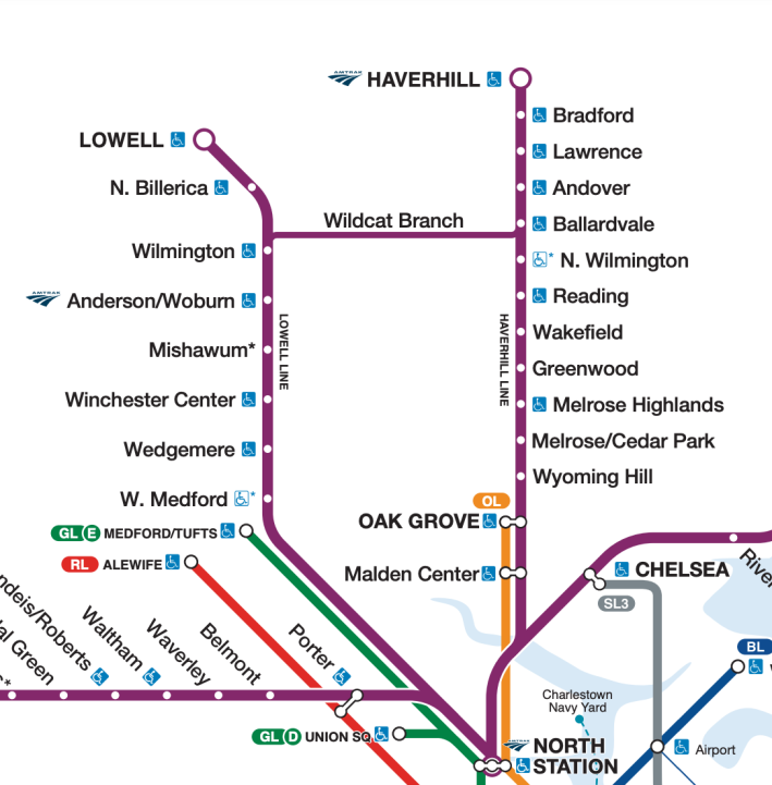 A detail of the MBTA commuter rail map centered on the Lowell and Haverhill lines, with North Station at the bottom edge, Lowell in the upper left, and Haverhill in the upper right. 