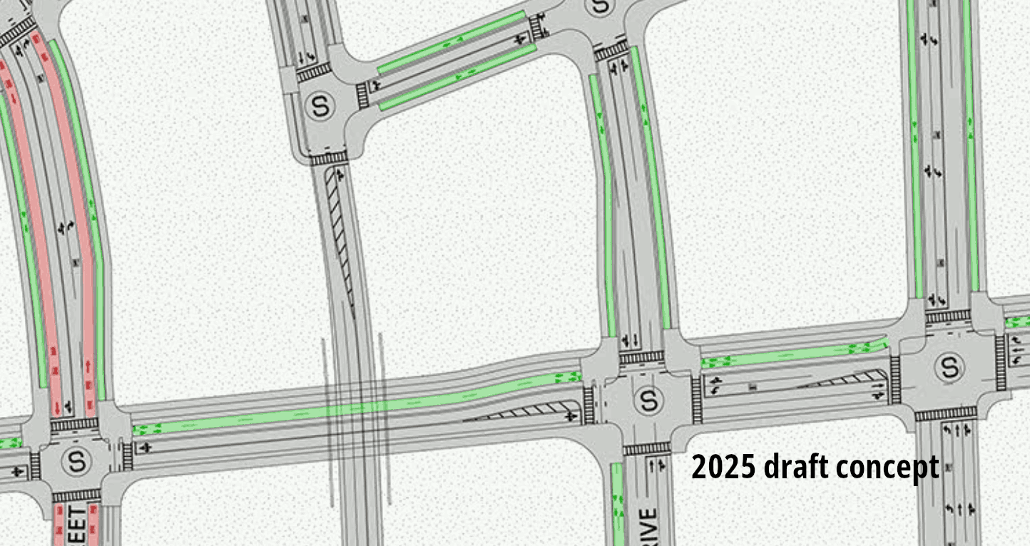 An animated GIF compares two versions of a proposed street grid near the proposed West Station in Allston. A colored image shows four vertical north-south streets labelled (left to right) "Seattle St. Connector," "Stadium Way Connector," "Cattle St. Connector" and "East Dr. Connector" plus one horizontal east-west street near the bottom. Most of these streets feature 4 to 5 lanes for traffic. The second image, in gray-and-white, shows the same streets, but with a slimmer 2- or 3-lane configuration. One exception is the left-most Seattle St. Connector, which is slightly wider in the second image to accommodate two bus-only lanes.