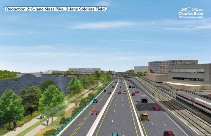 A rendering of a 6-lane highway running in the center of the image, next to a 2-lane street (center left) and a riverbank park (left) and a railroad (right).