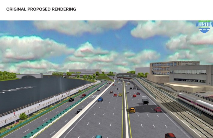 A rendering of a massive 12-lane highway next to a river (left) and a railroad (right).