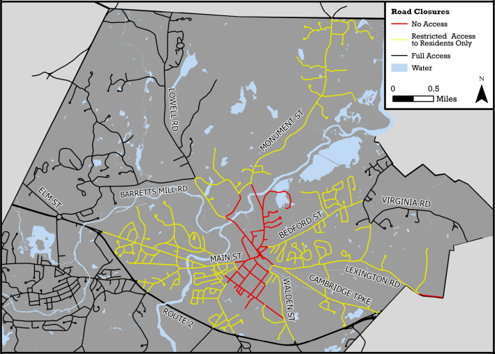 A street map of Concord, MA highlighting streets that will be closed to traffic for Patriots Day weekend 2025, the 250th anniversary of the Battles of Concord and Lexington. Red streets clustered in the town center will be closed to cars altogether and a much larger area of yellow streets, generally located north of Route 2 and east of Lowell Road, will be restricted to resident traffic only. 