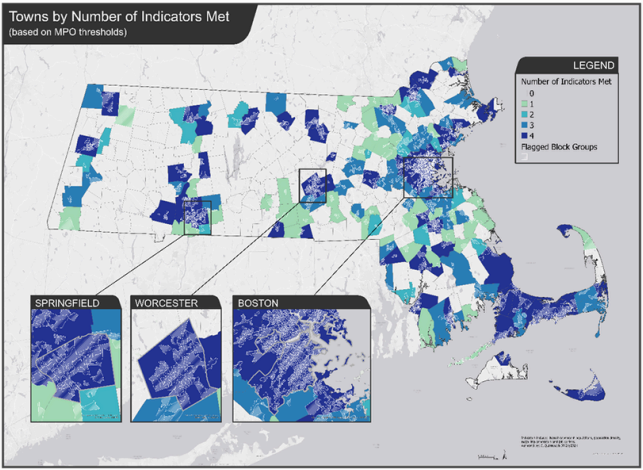 A map of Massachusetts towns categorized by the number of unmet transit needs according to the Regional Bus Network Assessment report. Towns are color-coded based on the number of unmet needs, ranging from light green (0 indicators met) to dark blue (4 indicators met). The map highlights flagged neighborhoods across the state. Insets provide a closer look at Springfield, Worcester, and Boston with similar color coding.