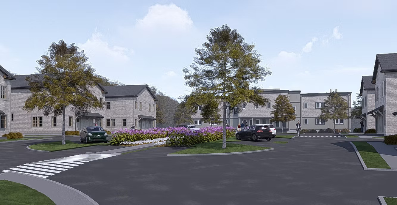 A rendering of a cluster of shingled gray 2-story houses that surround a central parking lot with two pine trees and some shrubs.