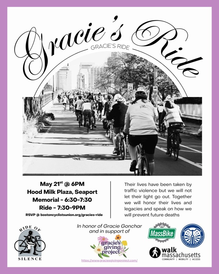Flyer for Gracie's Ride – May 21 at 6 pm Hood Milk Plaza Seaport, Memorial: 6:30 to 7:30; Ride: 7:30 to 9 pm, with a black-and-white image of a group bike ride on a city street. 
