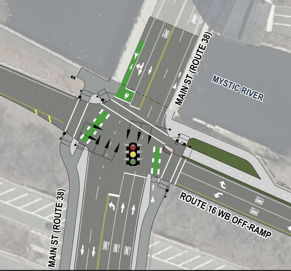 A diagram of a four-way intersection seen from above, with streets labelled "Main Street" running vertically and "Route 16 WB Ramp" running horizontally