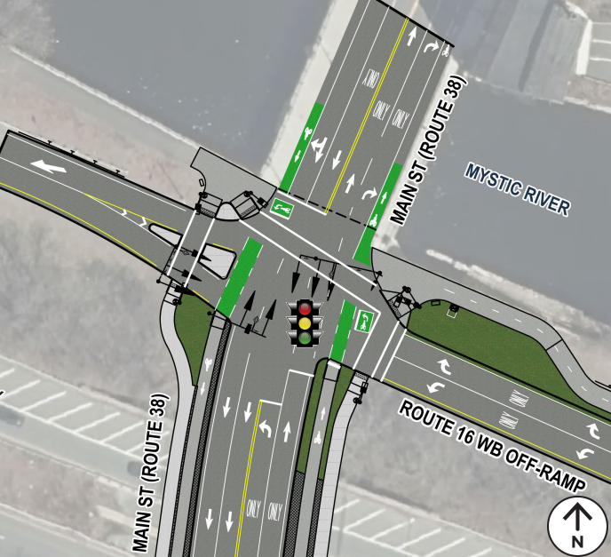 Close-up design of the Main Street and Route 16 westbound off-ramp intersection near the Mystic River. Shows crosswalks, turning lanes, green-marked bike lanes, and traffic signals.