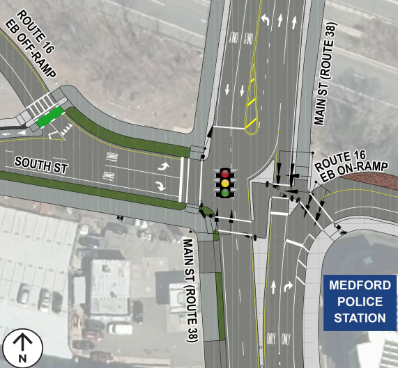 Intersection of Main Street and South Street with Route 16 eastbound on-ramp. Features multiple turning lanes, pedestrian crossings, and traffic signal improvements near the Medford Police Station.
