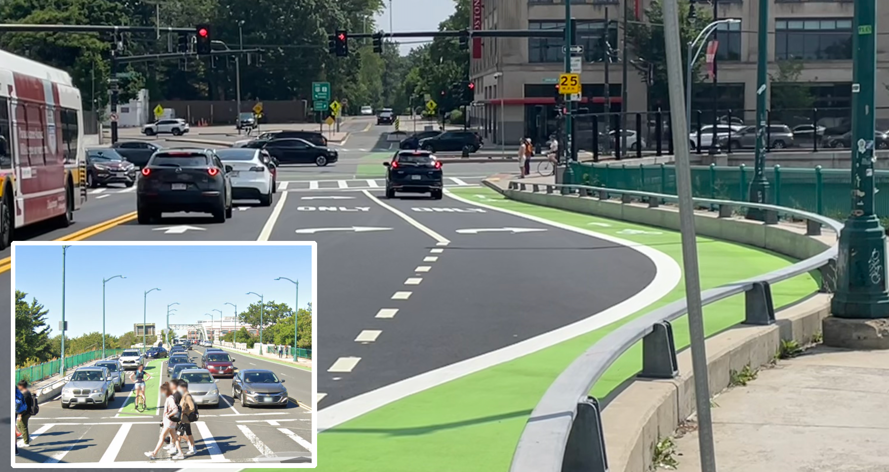 A photo of a bike lane on the edge of a wide multi-lane roadway approaching a traffic light. An inset shows an older photo of the same roadway from the opposite perspective when the bike lane used to be in between the right-turn and through lanes.
