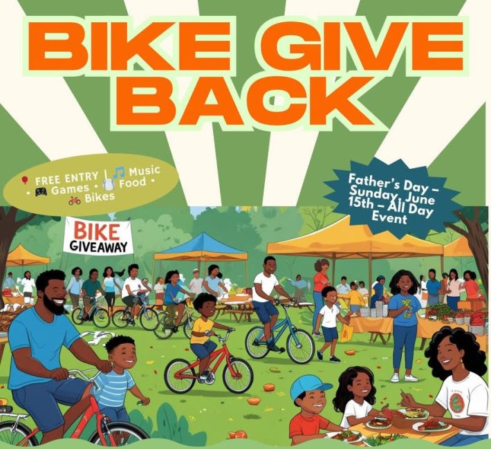 A green and white flyer whose heading reads "Bike Give Back" above an illustration of families riding bikes in a park.