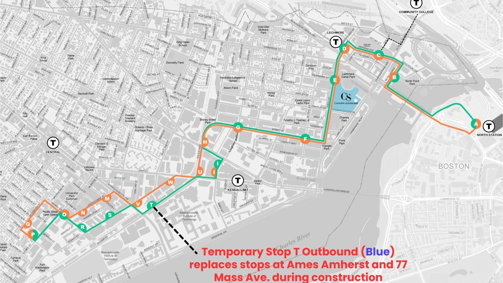 A map of the Kendall Square area of Cambridge, with the Charles River crossing the map from the lower edge to the upper right corner. A green and yellow bus route crosses the map from the lower left to North Station in Boston on the right edge. 