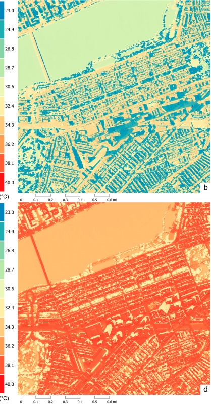 Two heat maps of Back Bay in Boston, with gradients that range from 23C (blue) to 32.4 C (yellow) to 40 C (red).The top image shows mostly blue and yellow areas, with blue in the shade of tall buildings and in parks like the Fenway and the Commonwealth Avenue Mall. The Charles River is a broad light-blue area near the top of the image. The bottom image, from a hotter day, is mostly red and orange, with parks and the shade of high-rise buildings along Boylston Street showing up as yellow.