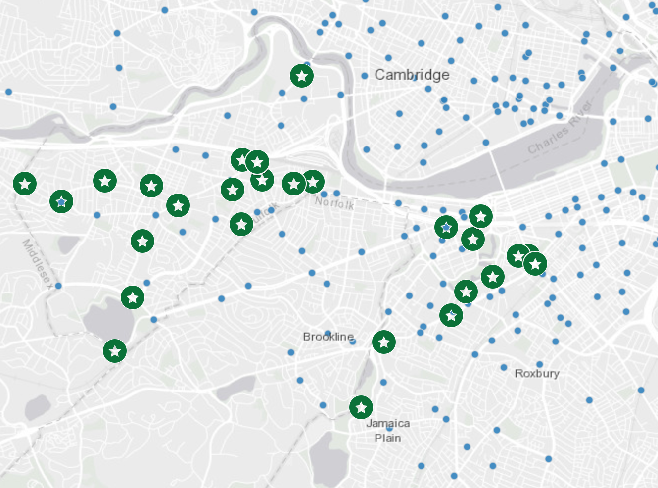 A map of the Allston-Brighton and Fenway neighborhoods of Boston, with green star icons marking the locations of planned new Bluebikes stations. Clusters of new stations are visible in Allston Village center (left center) and Fenway (right center).