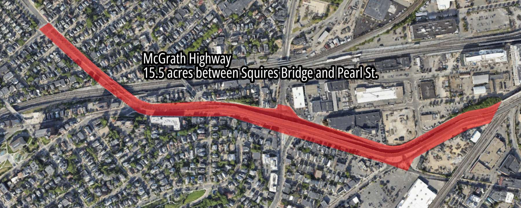 A satellite view of McGrath Highway in East Somerville highlighting the 15.5-acre footprint of the roadway in red.